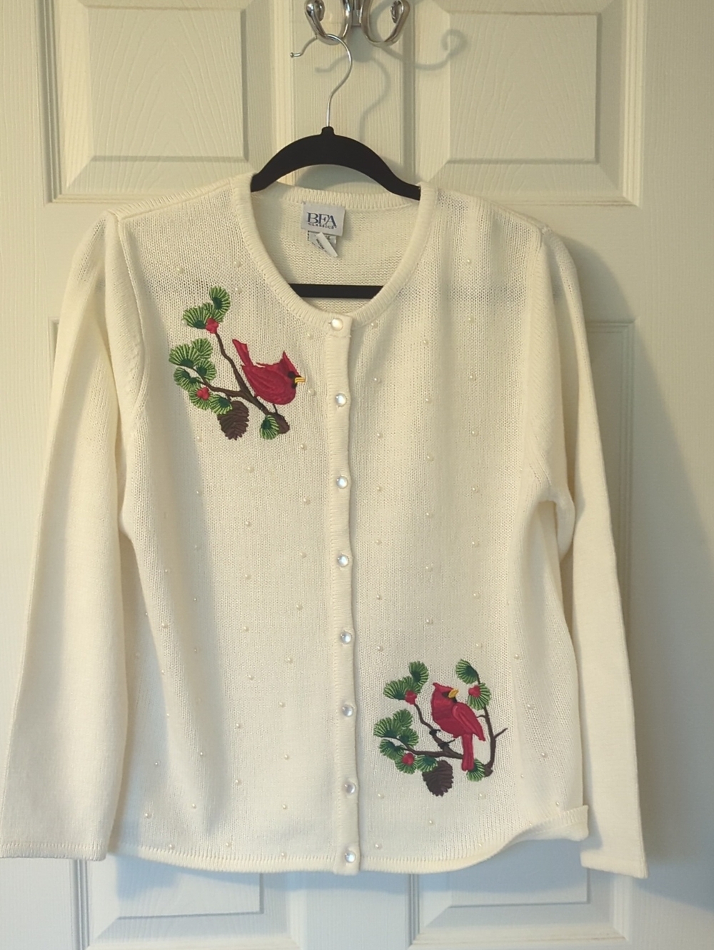 Classic Ivory Cardigan with Red Cardinal Motifs